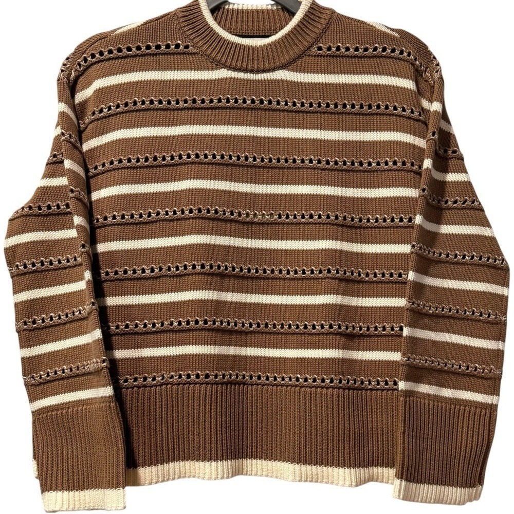NWT Tuckernuck Mocha Brown & Ivory Pointelle Stripe Maxine Boxy Sweater